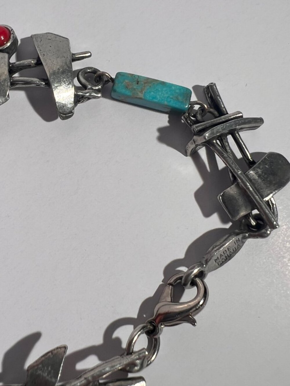 Vintage Sterling Silver Modernist Brutalist Link Bracelet – Turquoise & Red Cabo - Picture 8 of 12